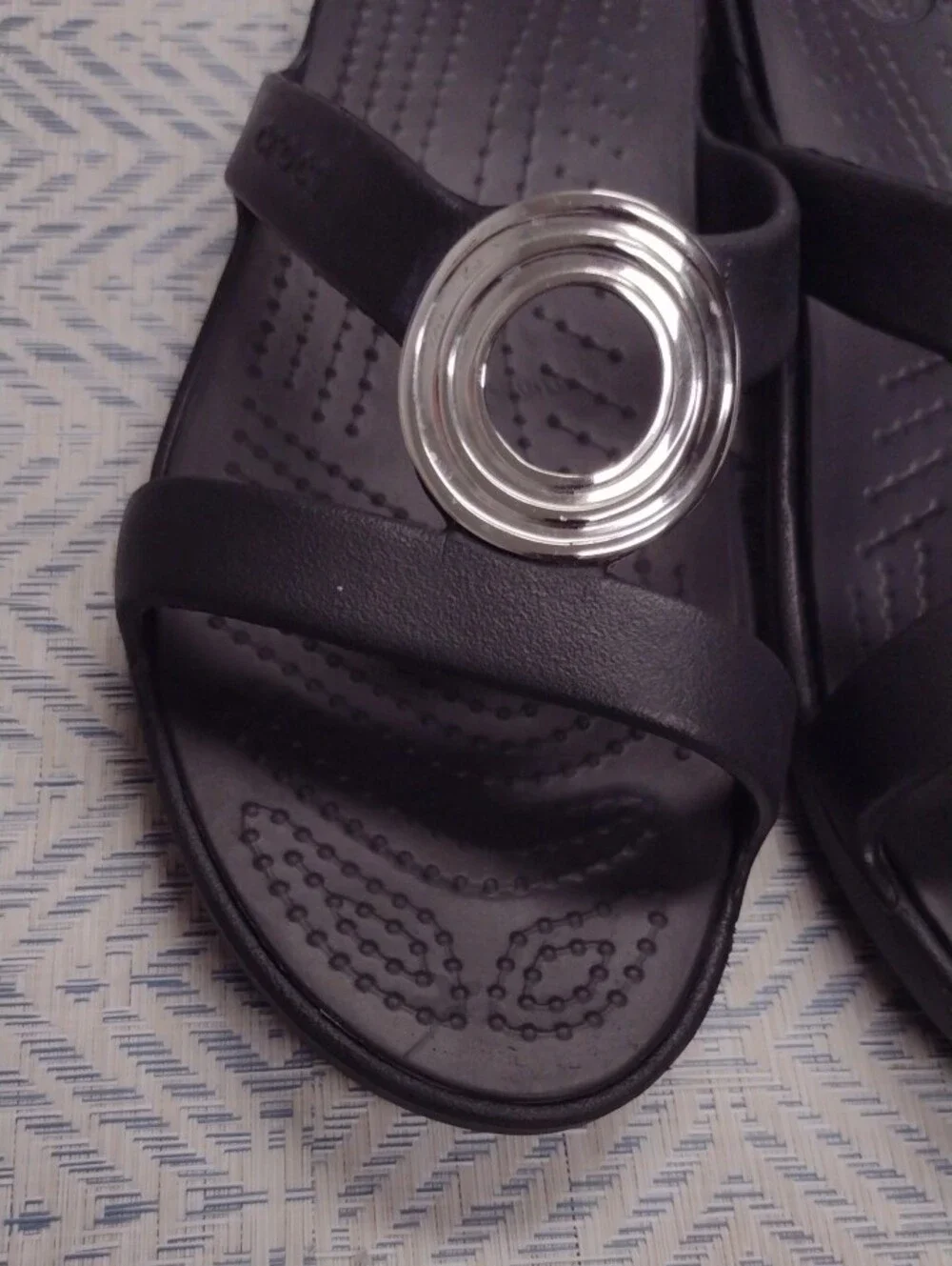 CROCS Black Slide Sandals with Silver Ring Detail